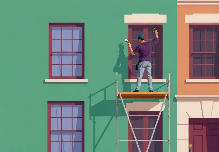 Peintre sur échafaudage traitant la façade d'une maison