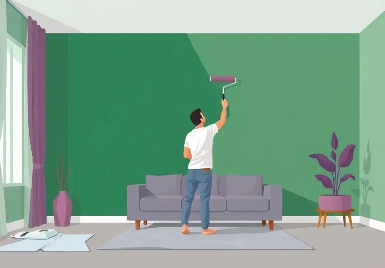 Peintre appliquant la peinture au rouleau sur un mur de salon
